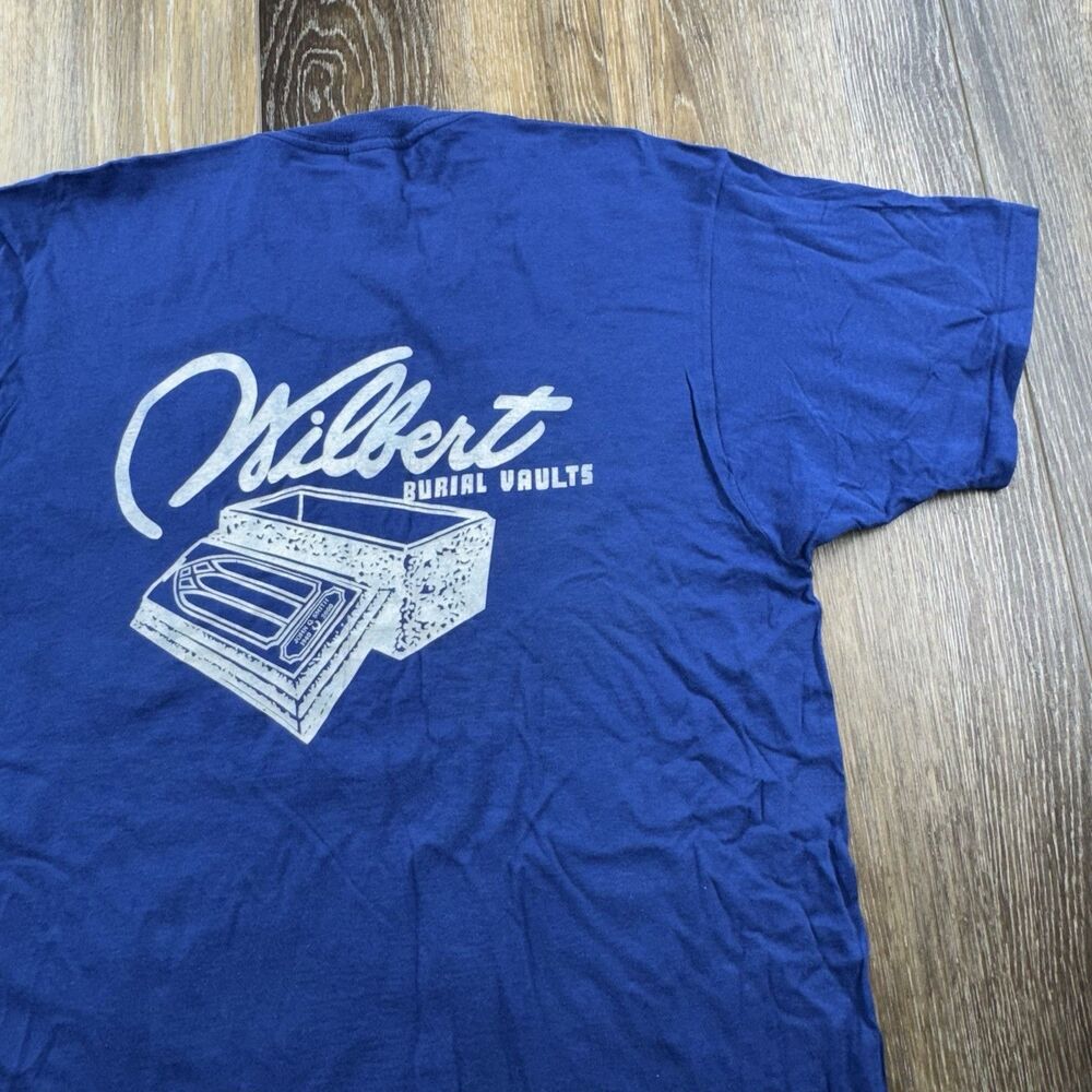 Vintage Wilbert Burial Vaults Shirt Mens XL Blue Coffin Graveyard Crypt 70s USA